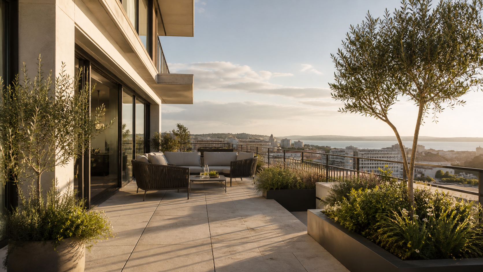 Terraço residencial com vegetação, zonas de estar e vista urbana